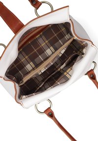 Borsa bianca con dettagli in pelle marrone, dotata di un interno in tessuto a quadri, due scomparti e una tasca con zip per l'organizzazione.