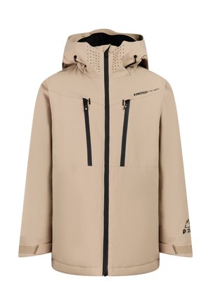 Veste d'extérieur beige à capuche avec fermetures éclair noires et étanches, poches poitrine et poignets Velcro ajustables, de la marque "Protest Pure Green".