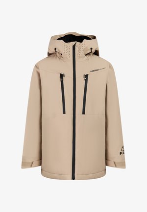 Veste d'extérieur beige à capuche avec fermetures éclair noires et étanches, poches poitrine et poignets Velcro ajustables, de la marque "Protest Pure Green".