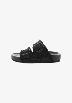 Black slide sandals featuring a textured upper, two adjustable straps with buckles, and a solid black rubber sole.