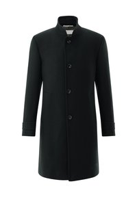 Schwarzer Wollmantel mit hohem Kragen, vorderen Knöpfen und Seitentaschen. Verfügt über einen schlanken, geraden Schnitt und Manschettendetails an den Ärmeln.