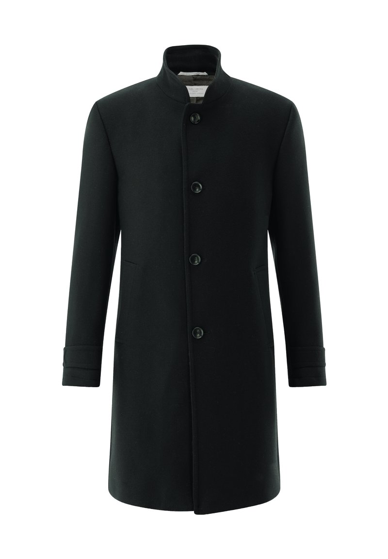 Schwarzer Wollmantel mit hohem Kragen, vorderen Knöpfen und Seitentaschen. Verfügt über einen schlanken, geraden Schnitt und Manschettendetails an den Ärmeln.