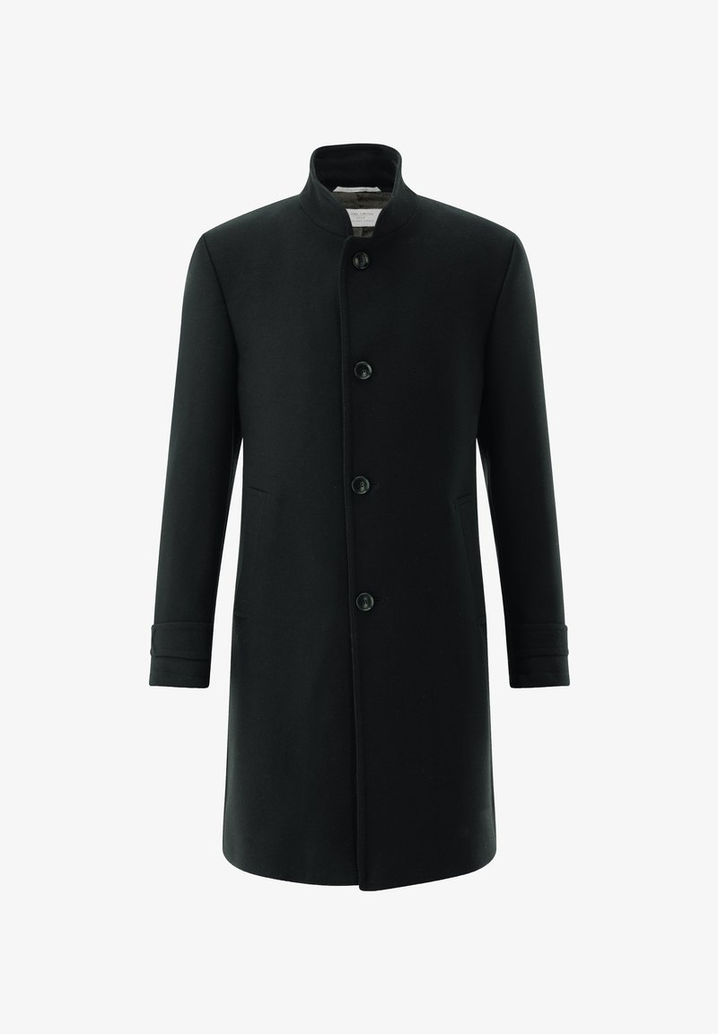 Schwarzer Wollmantel mit hohem Kragen, vorderen Knöpfen und Seitentaschen. Verfügt über einen schlanken, geraden Schnitt und Manschettendetails an den Ärmeln.