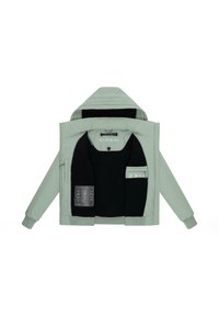 Light green jacket with a hood; features a black interior, pockets, and care instructions printed on the lining; ribbed cuffs.