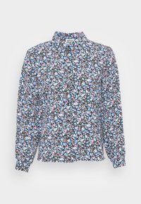 Blusa a maniche lunghe con base nera e motivo floreale in blu, rosa e bianco. Tessuto leggero con collo a camicia.