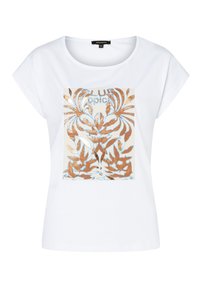 Weißes T-Shirt mit kurzen Ärmeln, das ein zentrales Grafikdesign in Gold und Blau mit Blattmustern zeigt und das Wort "Optik" deutlich hervorgehoben hat.