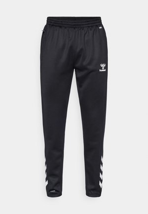 Black athletic pants made of smooth fabric, featuring an elastic waistband, side pockets, and white chevron accents on the lower legs.