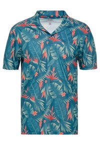 Polo de manga corta en color teal con estampado de hojas y flores tropicales, hecho de material ligero, con un cuello clásico y un corte holgado.