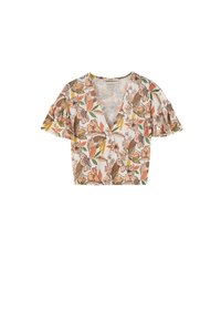 Květinový crop top s hlubokým V-výstřihem, krátkými volánkovými rukávy, vyrobený z lehkého materiálu, s oranžovými, hnědými a zelenými rostlinnými potisky na bílém pozadí.