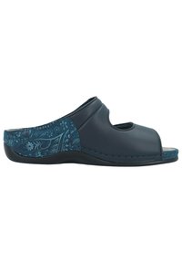 Open-toe slide sandal featuring a dark navy leather upper and a textured turquoise floral-patterned back panel with a black rubber sole.