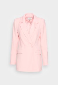 Světle růžový dvouřadý dámský blazer s klopami, dvěma předními kapsami s klopami a dlouhými rukávy, vystavený na bílém pozadí.