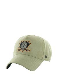 Khaki baseball cap made of soft fabric, featuring a stitched logo in black and orange. Curved brim and adjustable back closure.