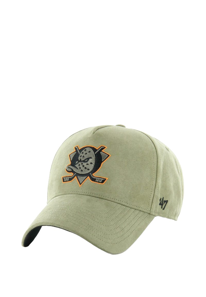 Khaki baseball cap made of soft fabric, featuring a stitched logo in black and orange. Curved brim and adjustable back closure.