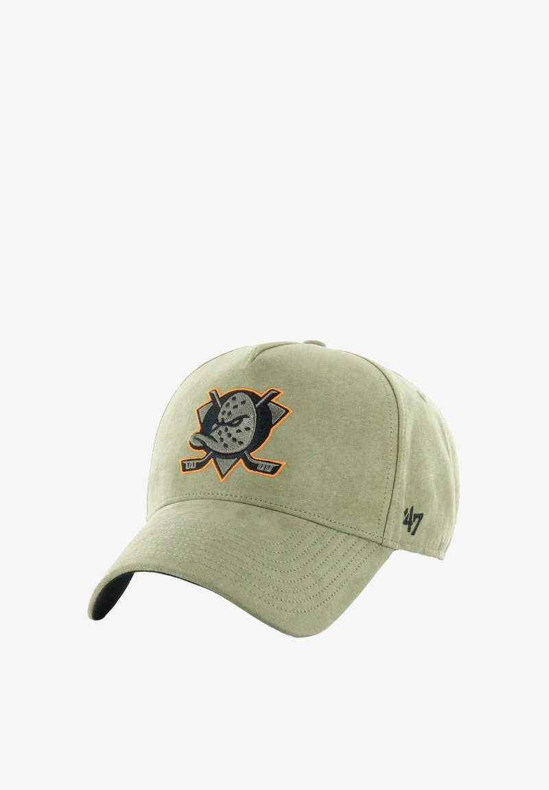 Khakifarbenes Baseballcap aus weichem Stoff, mit einem gestickten Logo in Schwarz und Orange. Gebogene Krempe und verstellbarer Rückverschluss.