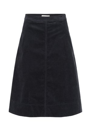 Black corduroy A-line skirt with a smooth waistband, front seam detail, and slightly flared hem, creating a structured silhouette.