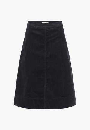 Crna kord kvalitetna A-line suknja s glatkim pojasom, detaljem na prednjem šavu i lagano raširenim rubom, što stvara strukturiranu siluetu.