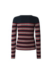 Pull en maille côtelée à manches longues avec des rayures horizontales bleu marine, grises et fines rouges, présenté de dos sur fond blanc.