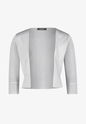 Cardigan grigio chiaro realizzato in morbido tessuto a maglia, con apertura frontale, maniche a tre quarti e dettagli decorativi sui polsini delle maniche.