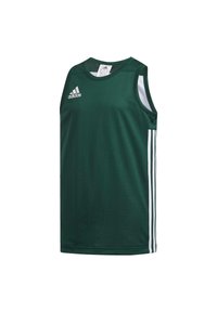 Jersey deportivo verde sin mangas con rayas blancas en los lados, fabricado en tejido ligero, con cuello redondo y logo de Adidas en el pecho.
