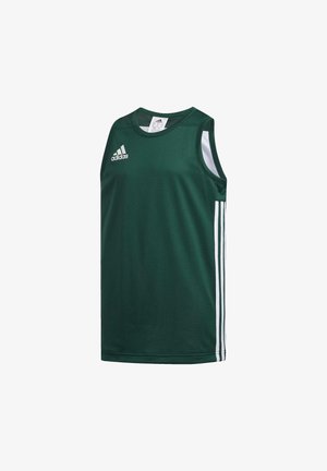 Jersey deportivo verde sin mangas con rayas blancas en los lados, fabricado en tejido ligero, con cuello redondo y logo de Adidas en el pecho.
