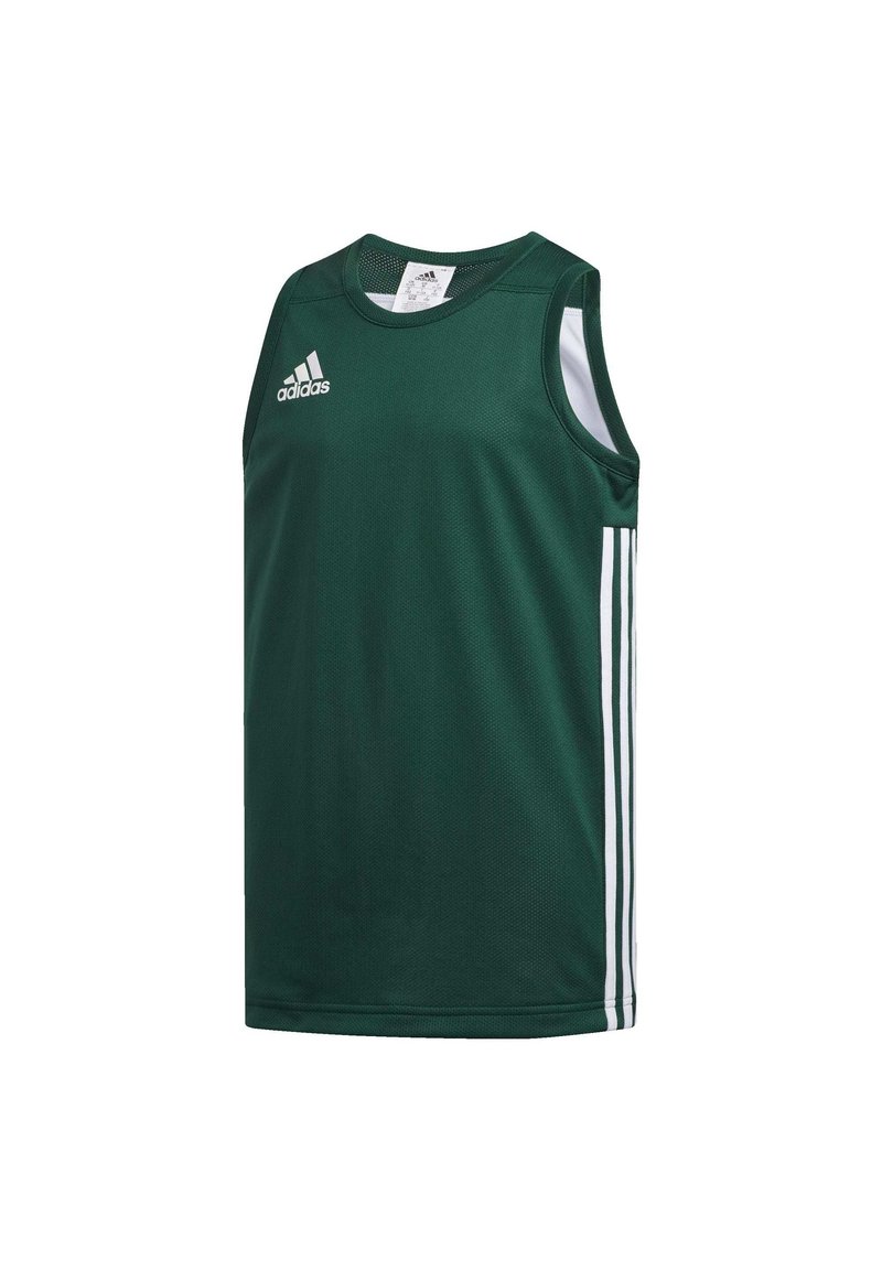 Jersey deportivo verde sin mangas con rayas blancas en los lados, fabricado en tejido ligero, con cuello redondo y logo de Adidas en el pecho.