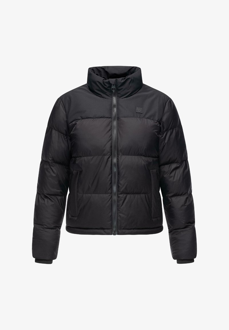 Must mustaga, millel on kõrge krae, ees lukk ja elastsed mansetid; omaduseks on sile tekstuur ja tikkimisdisain.