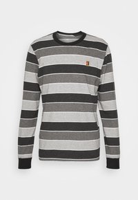 Langarmshirt in grau und schwarzen horizontalen Streifen, mit einem runden Halsausschnitt und einem kleinen mehrfarbigen Logo auf der Brust.