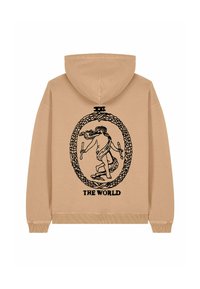 Felpa con cappuccio beige caratterizzata da un design grafico nero che raffigura una figura all'interno di un motivo circolare, con la scritta "IL MONDO". Texture morbida.