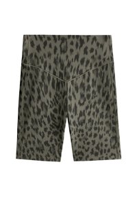 Șorturi de ciclism gri, cu talie înaltă, imprimeu leopard negru abstract și cusături vizibile pe față și pe lateral.