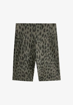 Graue, hoch taillierte Radlerhosen mit einem schwarzen abstrakten Leopardenmuster und sichtbaren Nahtdetails vorne und an den Seiten.