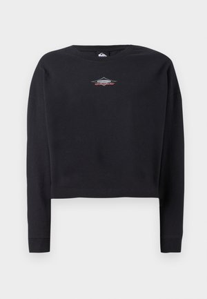 Sweat-shirt court noir en coton, avec un col rond et des manches longues. Petit logo graphique en gris et rouge sur la poitrine.