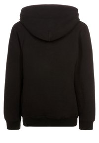 Felpa con cappuccio nera realizzata in tessuto morbido. Presenta una tasca a marsupio, polsini e vita a costine. Design semplice e senza fronzoli.