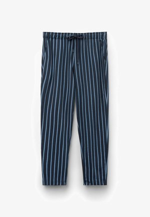 Granatowe spodnie w paski z jasnoniebieskimi pionowymi paskami, elastyczny pas, sznurki do zaciągania i boczne kieszenie. Miękka struktura materiału.