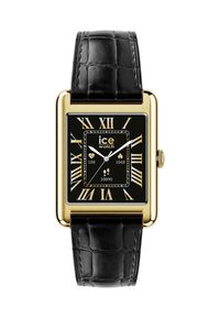 Štirioglati črni ročni ura z zlatimi detajli, rimske številke in zaponka iz črne usnjene usnjene površine z vzorcem krokodila. Blagovna znamka je jasno vidna.