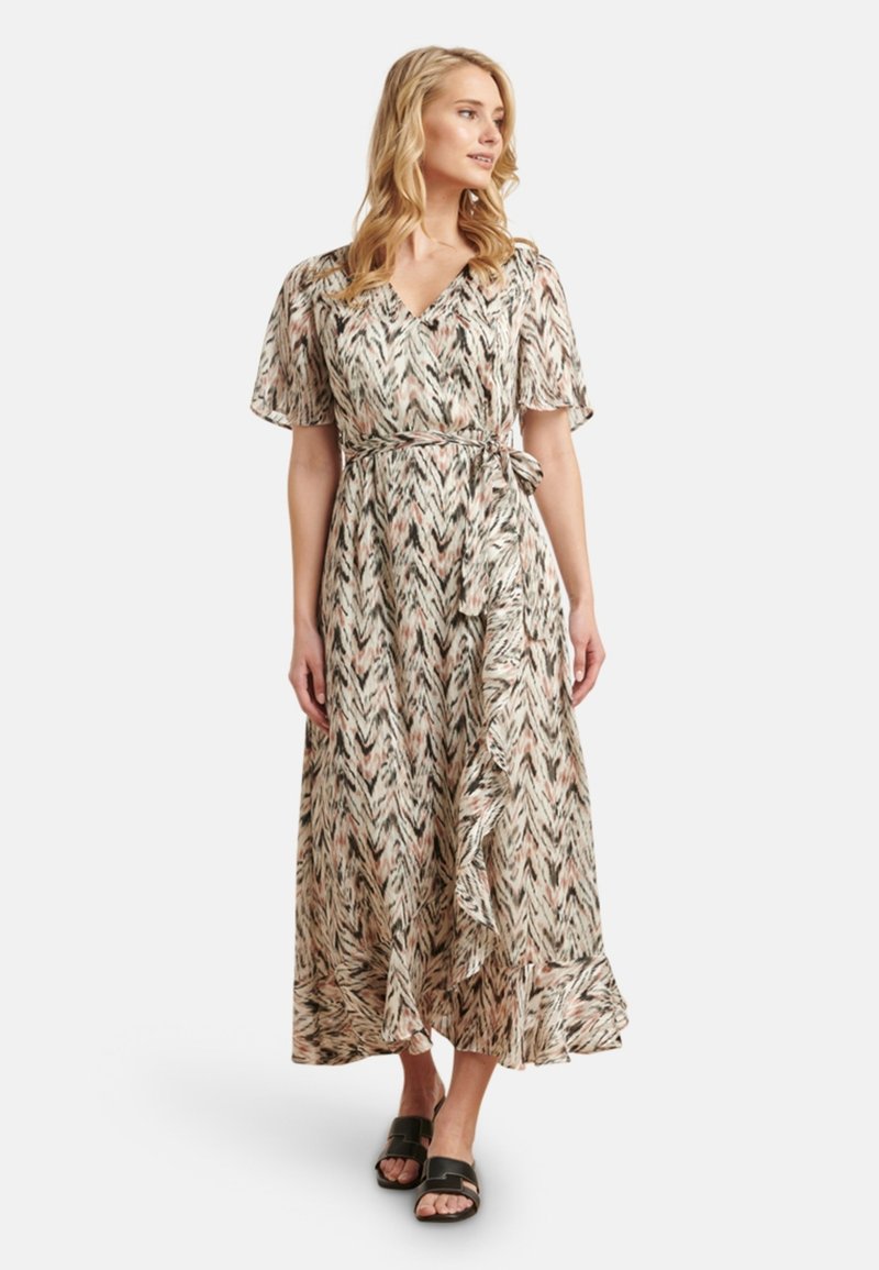Maxikleid aus leichtem Stoff mit Zickzackmuster in Beige, Grün und Pink. Verfügt über einen V-Ausschnitt, flatternde Ärmel und eine taillierte Taille.