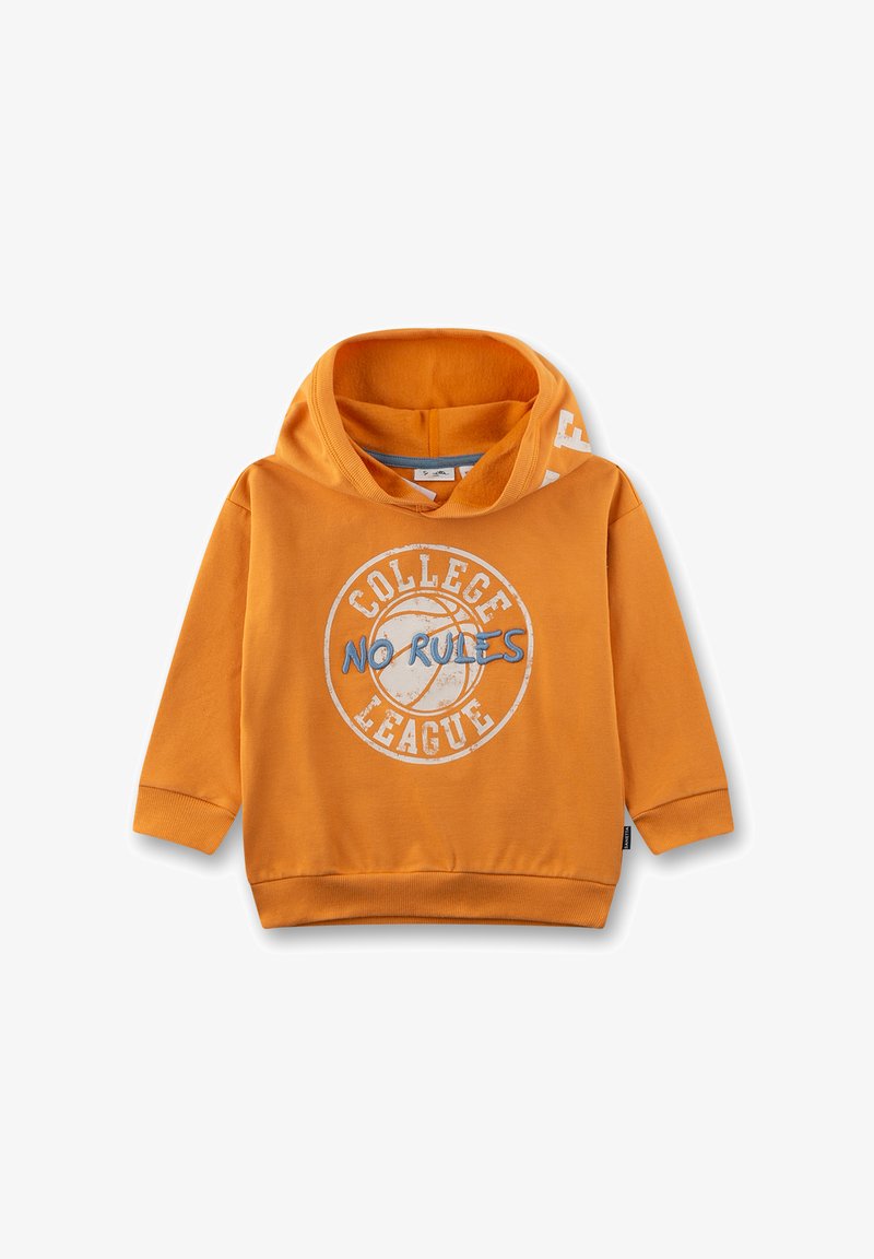 Oranger Kapuzenpullover mit langen Ärmeln, auf der Vorderseite mit einem Basketball-Logo und den Schriftzügen "COLLEGE LEAGUE" und "NO RULES".