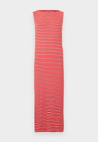 Μάξι φόρεμα με κόκκινες και λευκές ρίγες, αμάνικο σχέδιο, υφή με ρίγες και στρογγυλή λαιμόκοψη, με μικρή λεπτομέρεια λογότυπου.