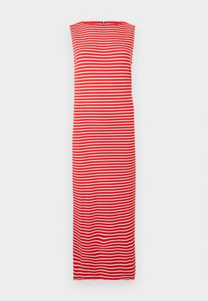 Rdeča in bela maksi obleka z golo obliko brez rokavov, rebrasto teksturo in zaobljenim izrezom z drobnim logotipom.
