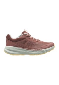 Zapatilla de running en rosa empolvado con parte superior de malla, talón reforzado y amortiguación ligera. Suela intermedia gris claro y suela de goma.