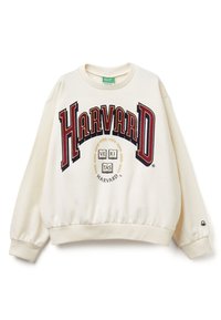 Krémová mikina s nápisem "HARVARD" v tmavě červené a námořnické modři s bílými akcenty. Elastické manžety a lem, středový grafický design s vavřínovým věncem.