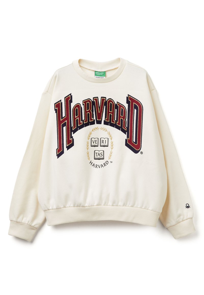 Krémová mikina s nápisem "HARVARD" v tmavě červené a námořnické modři s bílými akcenty. Elastické manžety a lem, středový grafický design s vavřínovým věncem.