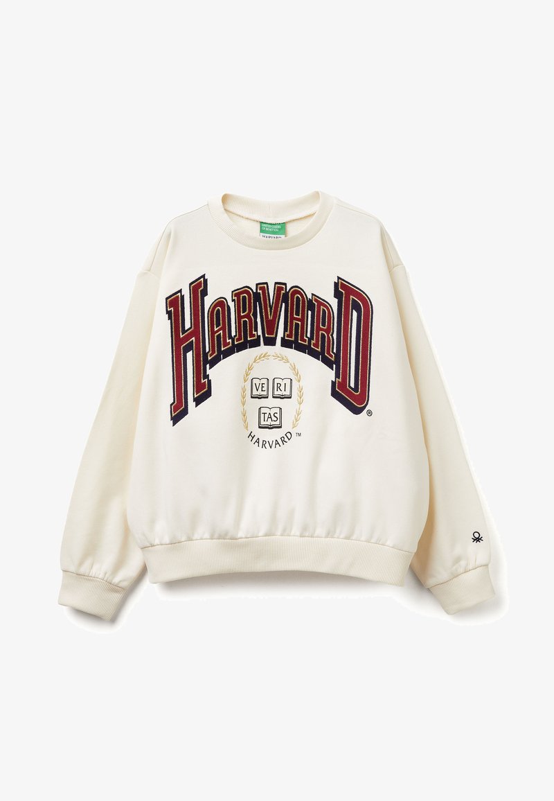 Krémová mikina s nápisem "HARVARD" v tmavě červené a námořnické modři s bílými akcenty. Elastické manžety a lem, středový grafický design s vavřínovým věncem.