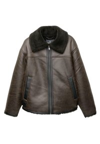 Veste marron en simili cuir avec col en peau lainée noire, fermeture éclair devant et deux poches latérales verticales, présentée sur fond blanc.
