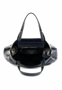 Borsa a mano in pelle blu marina con texture liscia, manici superiori, cuciture bianche e un interno spazioso che presenta una tasca con zip e un'etichetta del marchio.