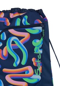 Drawstring bag featuring a navy fabric with vibrant, abstract multicolored swirls, a zip pocket, and a green logo. Textured surface.