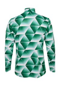 Grön långärmad skjorta med ett geometriskt triangelmönster i olika nyanser. Materialet ser slätt ut med en mock-neckdesign.