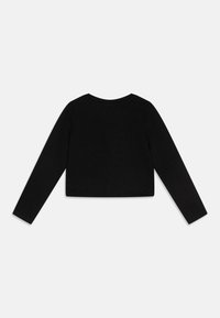 Black cropped long-sleeve top, featuring a round neckline and smooth, soft texture. No patterns or hardware details visible.