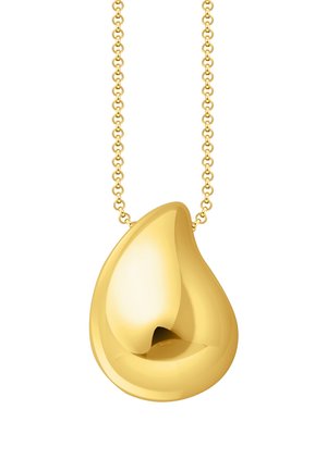 Goldener Tropfen-Anhänger mit einer glatten, reflektierenden Oberfläche, der an einer zarten Kette mit runden Gliedern hängt.