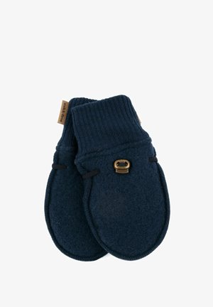 Navy blue-mittarit, jotka on valmistettu pehmeästä huovasta ja joissa on ribbikankaiset resorit. Ominaisuuksia ovat kultasävyinen nappi ja mustat elastiset yksityiskohdat varmistaen mukautuvan istuvuuden.