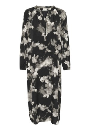 Black floral dress with long sleeves, buttoned front neckline, and a relaxed fit. Features white and gray floral patterns on soft fabric.